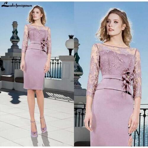 Fashion Arabic Short Mother of the Bride Dresses Lace Appliques Knee-Length Formal Evening Gowns Satin Wedding Guest Dress