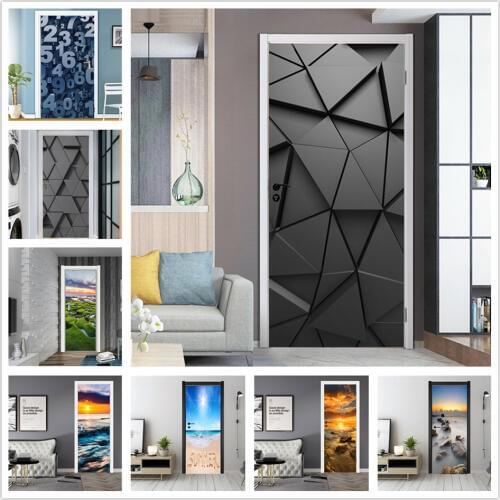 2PCS/SET Black Geometry Door Sticker Self-adhesive Removable Poster Three-dimensional Space Wallpaper Home Design adesivo porta