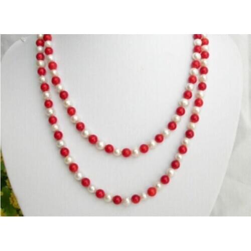Natural round red coral 7-8MM Freshwater pearl necklace
