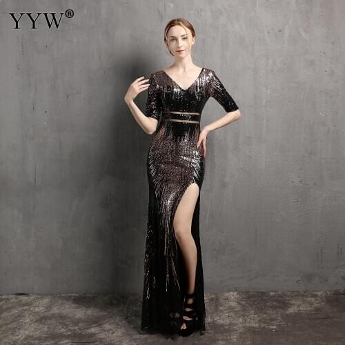 New Black Sexy V Neck Long Evening Dress High Side Slit Women Fashion Sequin Evening Party Floor Length Dresses Femme Vestisdos