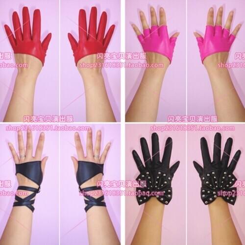 Bar Stage Performance Costume Accessories Singer DJ Black and White Red Leather Gloves Women Dew Finger Gloves 2020