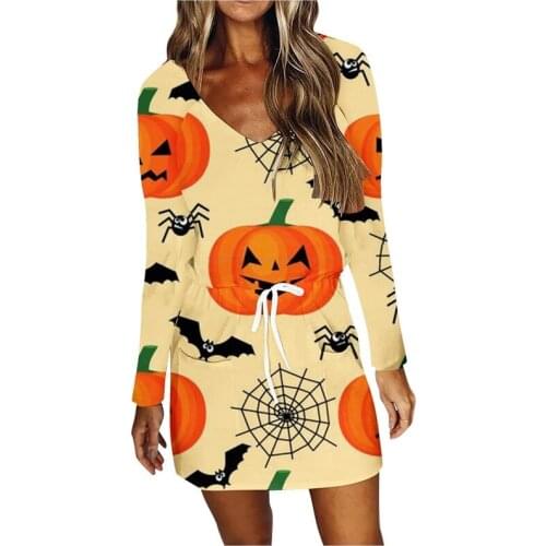 Sexy V-Neck Long Sleeve Mini Dress Elegant Halloween Pumpkin Printed Party Dresses for Women Casual Fashion Clubwear Vestidos