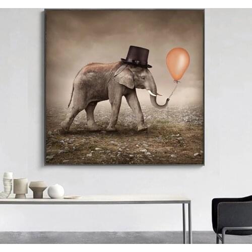 Modern Elephant with Hat Balloon Canvas Paintings Animal Posters and Prints Wall Art Pictures for Living Room Decoration Cuadros