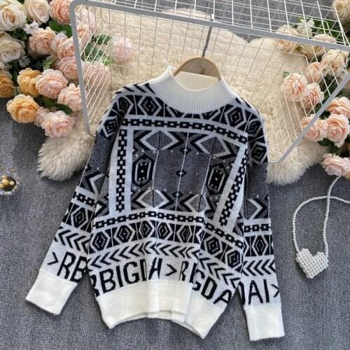 Geometric Sweater Turtleneck Loose Knitwear Long Sleeve Womens Jumpers Pullovers For Women