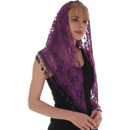 Triangle Mass Catholic Church Mantilla Veils Shawl Scarf Head Cover Fringed Lace Women Scarves Purple Royal Blue Black Khaki red