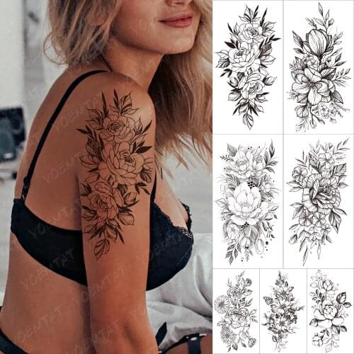 Waterproof Temporary Tattoo Sticker Rose Flower Moon Pearl Chain Flash Tattoo Female Black Sexy Body Art Chest Fake Tattoo Women