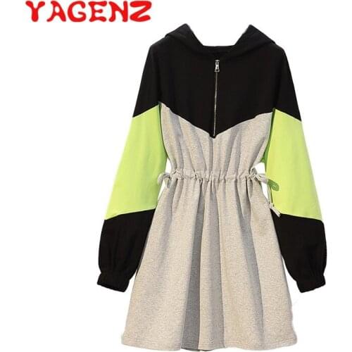 YAGENZ Spring Clothes Dress Women Long sleeve Mini Dress for Women Hooded Plus size Dress Fashion Zipper Vestidos De Verano 696