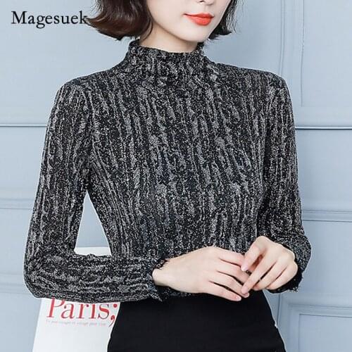 Bright Silk Half High Collar Long Sleeve T-shirt Elegant 2021 Autumn Women Striped Bottoming Shirt Elastic Slim Tops Blusa 16734