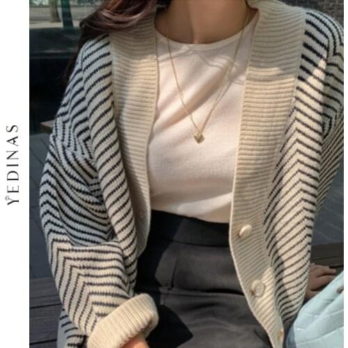 Yedinas Autumn Winter Womens Knitwear Striped V-neck Cardigans Buttons Oversize Korean Style Lady Sweaters Tops Female Jacket