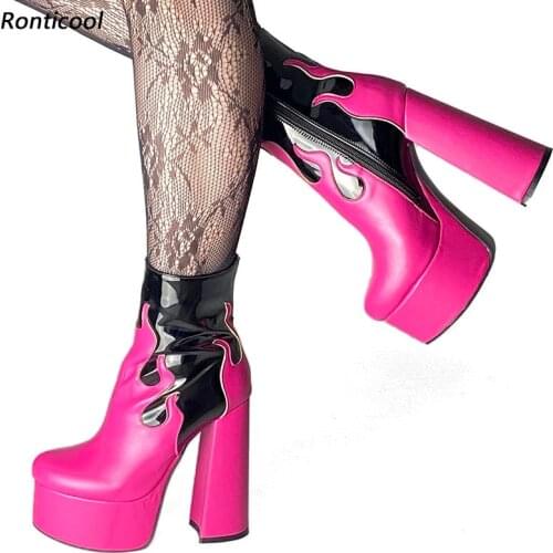 Ronticool Women Winter Platform Ankle Boots Flame Style Zipper Block Heel Round Toe Fuchsia White Boutique Shoes US Size 5-15