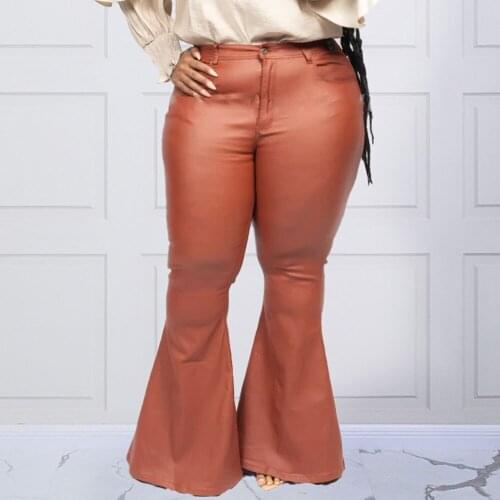 Faux Leather Women Pants High Waist Chic Chocolate Flare Long Trousers 2021 New Fashion African Style Pu Female Pants Skinny
