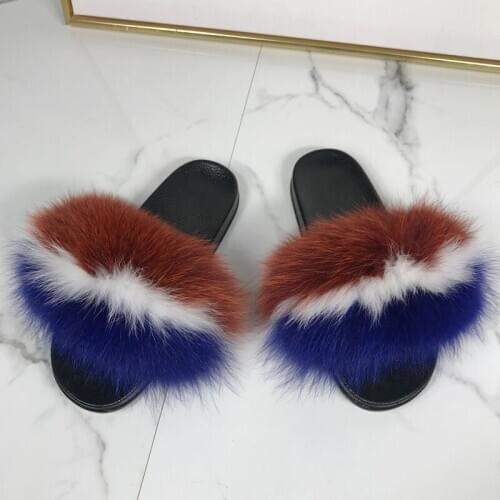 2020 New Summer Fashion Slippers Fur Flip Flops Real Fox Fur Slippers Women Indoor Comfort Furry Summer Flats