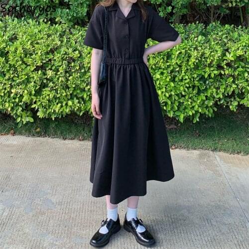 Women Short Sleeve Dresses Solid Chic Turn-down Collar Harajuku Japan Style Lovely A-line Elastic Waist Streetwear Ruffles Retro