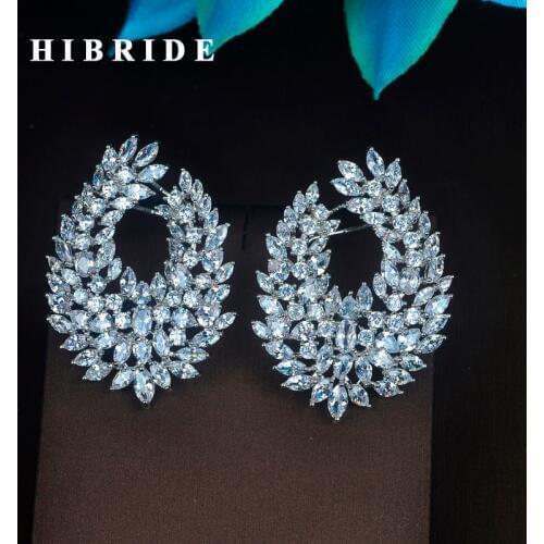 HIBRIDE Luxury Marquise Cut Clear Cubic Zironia White Gold Color Stud Earrings For Women Jewelry Boucle d'oreille E-735