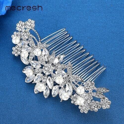 Mecresh Flower Simulated Pearl Bridal Hair Combs For Women 2018 Silver Color Crystal Wedding Hair Accessories Jewelry MFS157