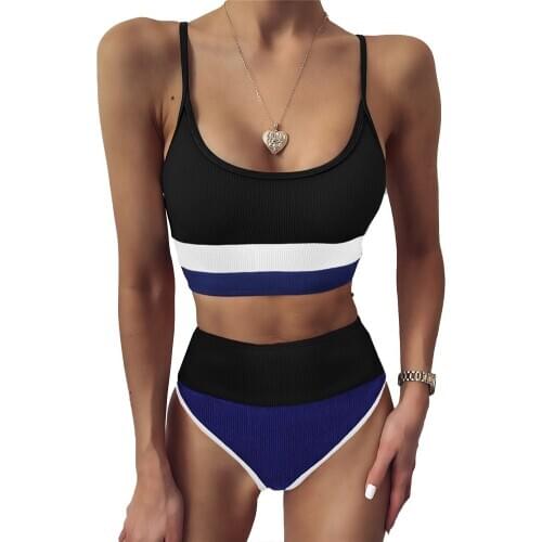 Women Split Bikini Cropped Vest Stripes Printed Briefs High Waist Sling Beach Pool Party Bathing Suit 2020 Patchwork Young Girls