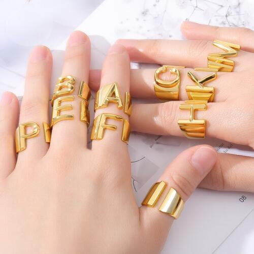 A-Z Initial Letter Wide Ring For Women Men Open Male Female Knuckle Ring Gold Fashion Engagement Wedding Party Hot-Sell Jewelry