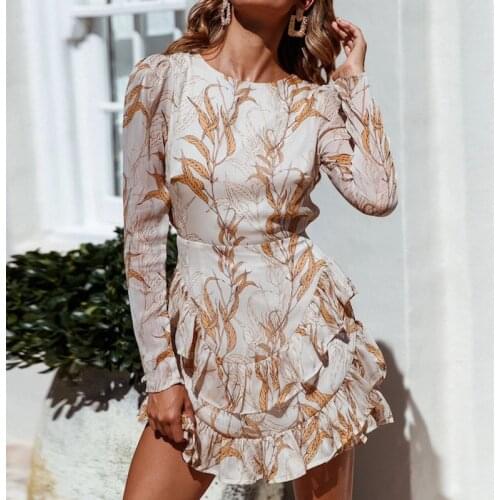 Elegant Women Dress Boho Summer Hot Sexy Backless Print O-Neck Ladies Chiffon Dress Long Sleeve Ruffle Short Mini Dress Vestido