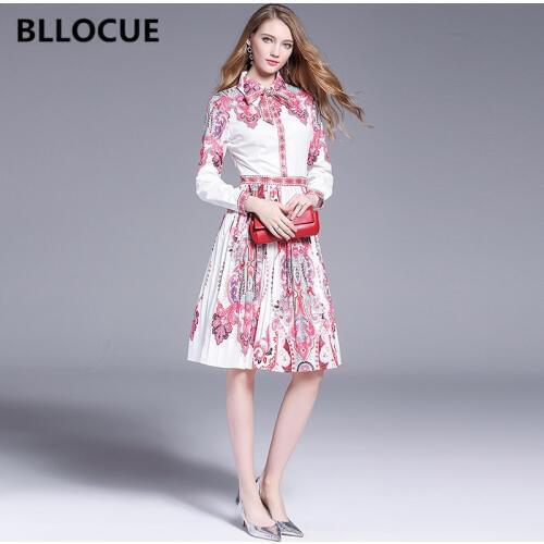 BLLOCUE 2020 Autumn Fashion Runway Midi Dress Womens Elegant Turn-Down Collar Long Sleeve Pink Vintage Print Bow Pleated Dress