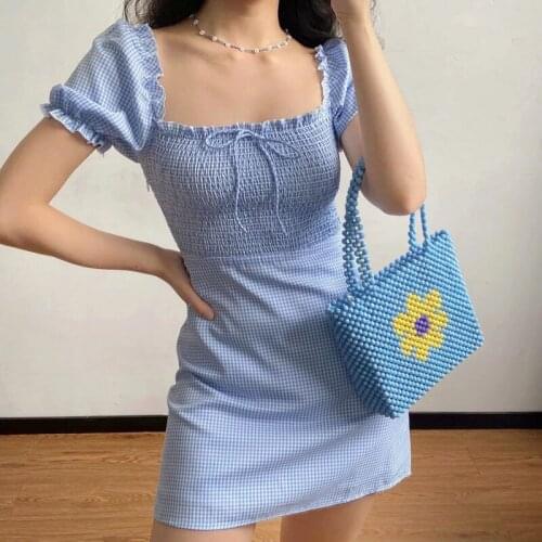 Little Fresh Pleated Blue White Plaid Bubble Sleeve Square Neck Short Sleeve A-line Dress