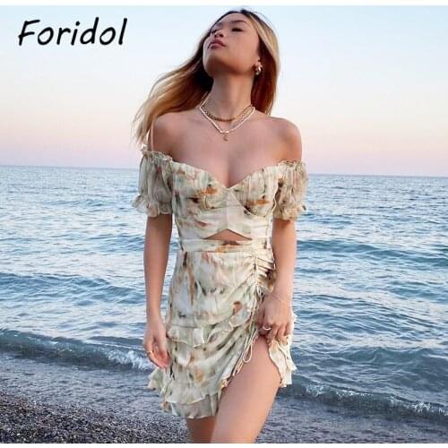 Foridol Ruffle Chiffon Summer Women Dress Women 2021 Vintage Boho Floral Short Dress Print Beach Ruched Mini Dress Short Sleeve