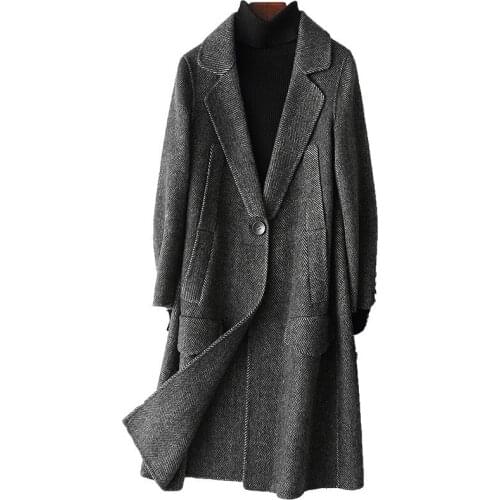 2020 New Spring Autumn Real Wool Coat Women Vintage Casual Print Ladies Long Jacket Coats Elegant Casaco Feminino 38048
