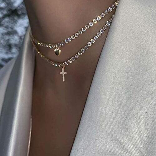 Stonefans 2pcs/set Rhinestone Chain Pendant Necklace Jewelry for Women Punk Multilayer Heart Cross Choker Necklace set Collares