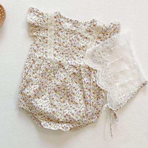 Infant Baby Girls Cotton Fly Sleeve Floral Printing Jumpsuit+Hat Summer Newborn Baby Girl Bodysuits Toddler Baby Girl Clothes