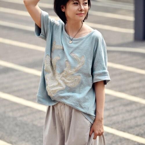 MICOCO T6388C Literary leisure sense sweet lace embroidery loose round collar short sleeve T - shirt