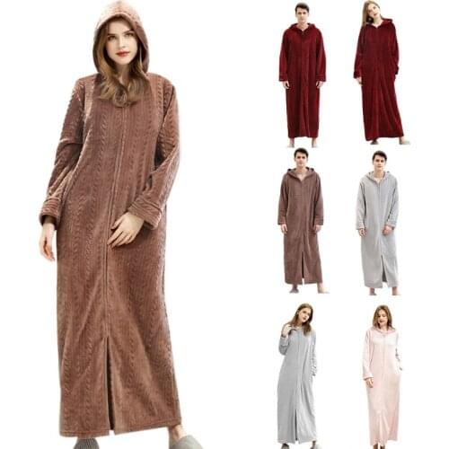 Women Men Winter Flannel Hoodie Bathrobe Solid Color Wheat Stripe Zipper Front Oversize Kimono Robe Thick Plush Warm Nightgown S