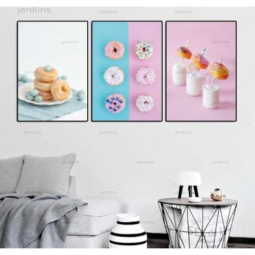 Delicious Dessert Canvas Painting Pinky Blue Blueberry Cream Doughnut Milk Poster and Print Wall Pictures for Living Room Decor