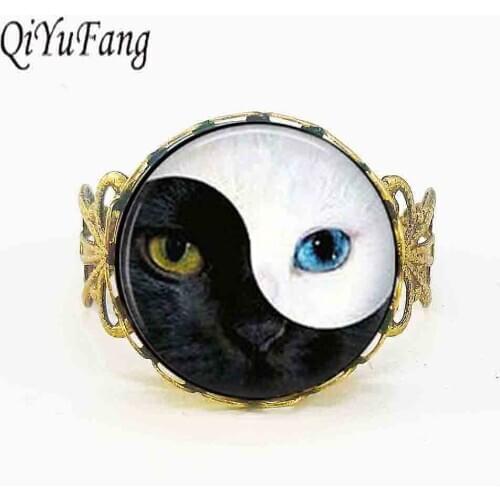 Alice In Wonderland Vintage Ying Yang Cat Eye glass ring charm cat personality Art picture for women men jewelry rings 1pcs/lot