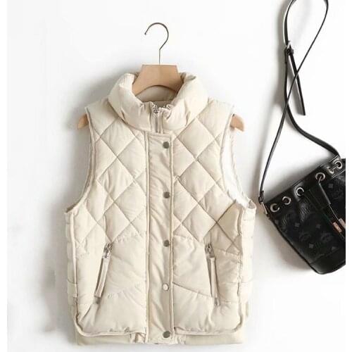 Stand Collar Zipper Pocket Womens Vest Autumn Winter Diamond Cotton Vest Jacket Female Jackets Autumn Spring Women Warm
