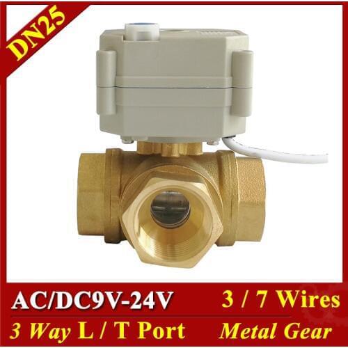 BSP/NPT 1" DN25 Brass 3 way Horizontal type motorized valve T/L Port AC/DC9-24V 3/7 wires electric valve for water plumbing