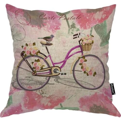 Moslion Retro Bicycle Throw Pillow Cover Vintage Style Outdoor Floral Leaves Bird Animal Square Pillow Case Cushion Cover Home