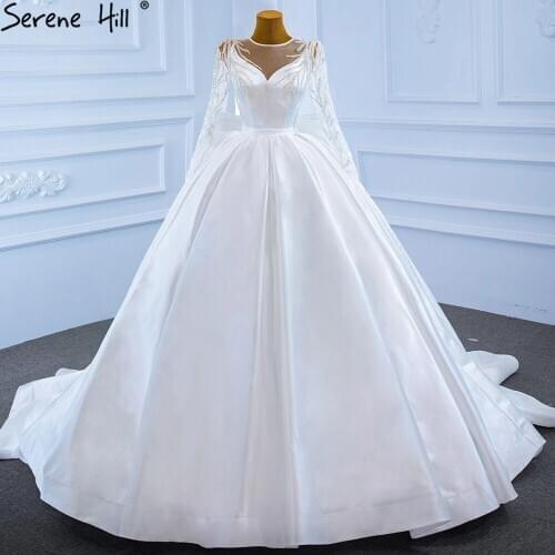 Muslim White Satin Plus Size Wedding Dresses 2021 Beading High-end Bow Lace Up Bridal Gown BHM67233 Serene Hill