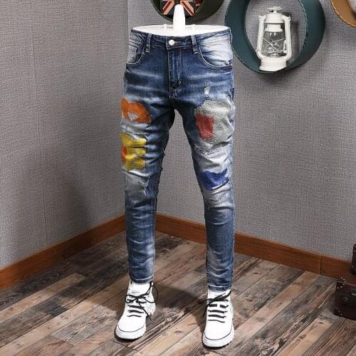 Newly Streetwear Fashion Men Jeans Retro Dark Blue Slim Fit Ripped Jeans Men Embroidery Patch Designer Hip Hop Denim Punk Pants