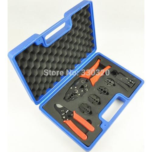 Crimping tool set with coaxial crimping tool,cutter,stripper and exchangeable dies for BNC,TV cable RG58,59,55,6,11,174