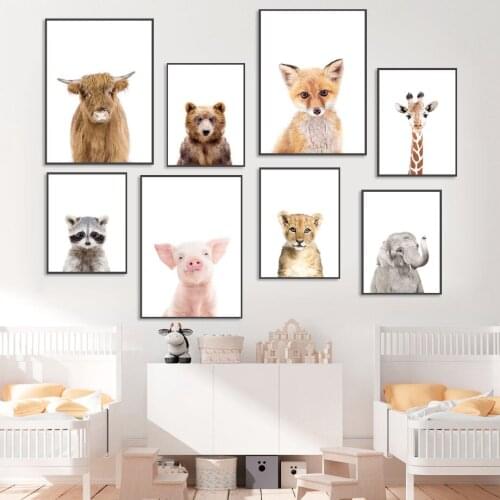Lion Cow Brown Bear Elephant Giraffe Raccoon Wall Art Canvas Painting Nordic Posters And Prints Wall Pictures Kids Room Decor
