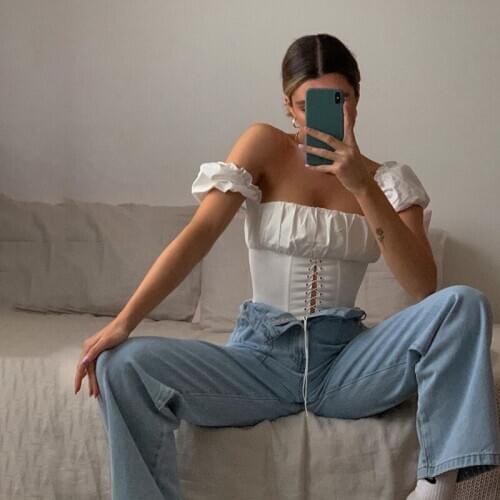 NEW Summer Women Sexy Off Shoulder Shirt Tank Tops Ruffle Sleeve Strappy Square collar Bandage Corset Slim Crop Tee top
