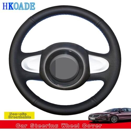 DIY HKOADE Hand-stitched Black Soft Non-slip Genuine Leather Car Steering Wheel Cover For Mini Coupe 2013 (2-Spoke)