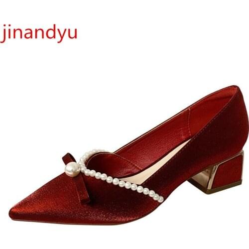 Pointed Toe Chunky Heels Party Wear Shoes for Women Bride Pearl Pumps Women Block Heels High Quality Elegant Women Dress Heel