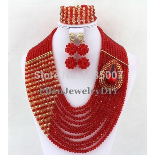 Voguish Red African Nigerian Wedding Beads Crystal Necklaces Bracelet Earrings African Wedding Beads Jewelry Set WS4520