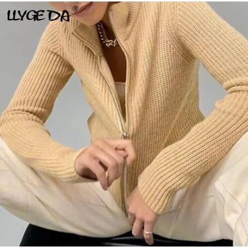 Knitted Solid Slim Womens Sweater Cardigan 2021 Autumn New Long Sleeve Stand Collar Zippers Sweaters Ladies Fashion Office Top