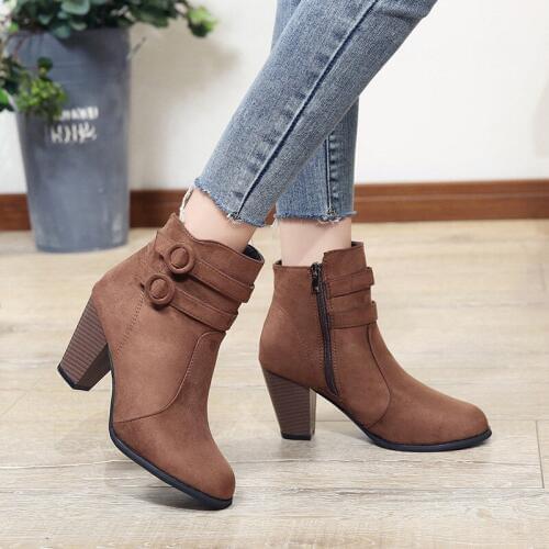 Heels 8 cm Double Buckle Woman Boots Autumn Winter Shoes Women Block Heel Flock Short Ankle Boots Lady Casual Shoes Size 35-43