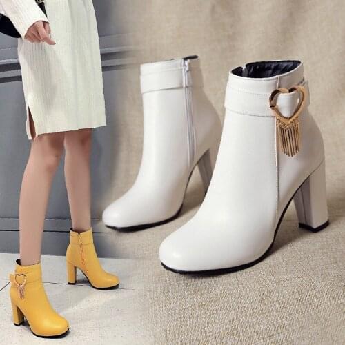 YMECHIC 2020 Fashion Autumn Yellow White Bride Party Shoes Buckle Tassel Womens Boots Large Size High Heel Ankle Boots for Women