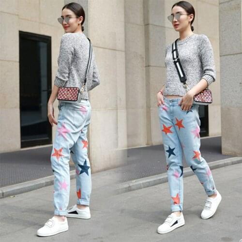 Star Jeans Women Autumn 2021 New Fashion Print High Waist Stretch Loose Straight Jeans Retro Elastic Pencil Washed Casual Jeans