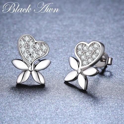 Black Awn Romantic 2.4g 925 Sterling Silver Jewelry Natural Heart Party Stud Earrings for Women Bijoux I127