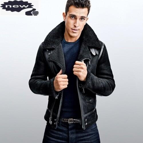 Winter Men Original Natural Shearling Air Force Coat Sheep Fur Lining Motorycle Jacket Slim Fit Genuine Leather Aviator Jackets
