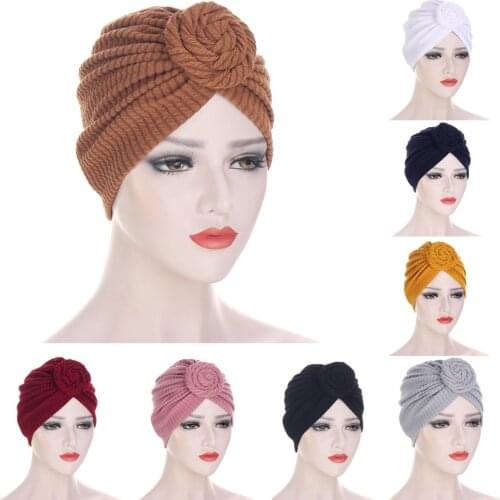 2021 Ladies Turban Soild Color Top Knot Headscarf Spring Autumn Women Headwrap Big Flower India Hat Hijabs Cap Accessories
